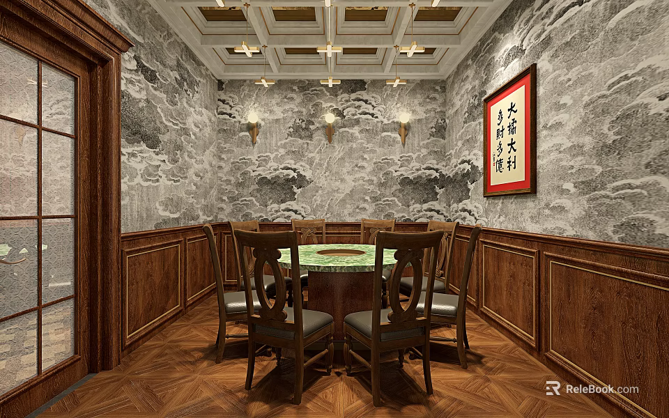 Chinese Style Private Dining Room With Round Table Landscape Painting Walls And Wooden Paneling 3d model 
