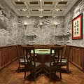 Chinese Style Private Dining Room With Round Table Landscape Painting Walls And Wooden Paneling