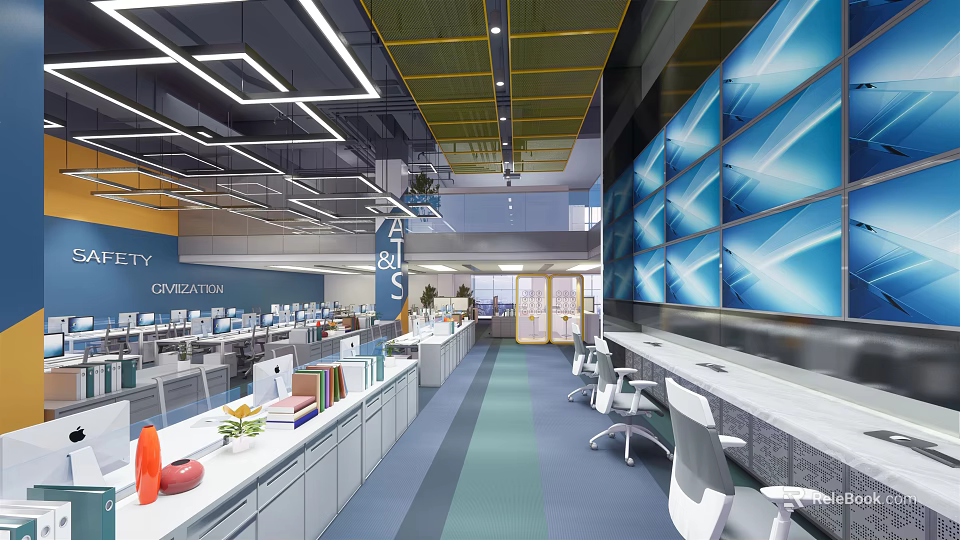 Modern Public Office Interior Design With Workstations Large Screens And Ergonomic Chairs 3d model 