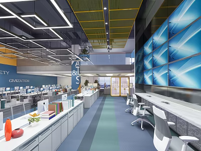 Modern Public Office Interior Design With Workstations Large Screens And Ergonomic Chairs 3d model