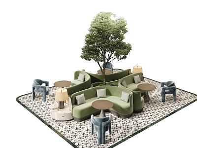 Relaxing Outdoor Space With Green Sofas Central Tree Small Tables And Blue Chairs 3d model