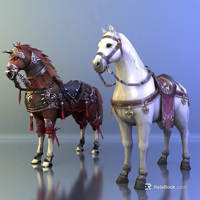 Decorated Brown And White Horses With Ornate Saddles And Ornamental Gear 3d model 