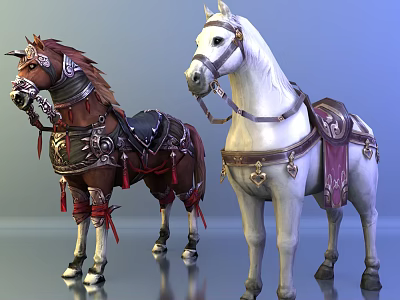 Decorated Brown And White Horses With Ornate Saddles And Ornamental Gear 3d model