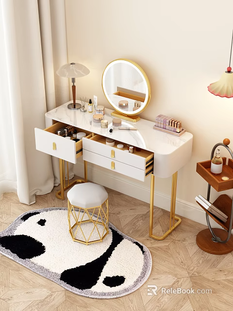 Elegant White Dressing Table With Golden Legs Round Mirror Open Drawers And Cosmetics On Top 3d model 