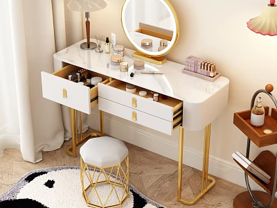 Elegant White Dressing Table With Golden Legs Round Mirror Open Drawers And Cosmetics On Top 3d model