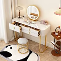 Elegant White Dressing Table With Golden Legs Round Mirror Open Drawers And Cosmetics On Top