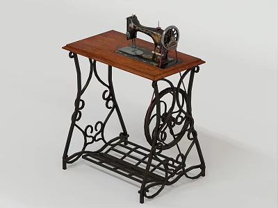Industrial Equipment Vintage Sewing Machine with Wooden Tabletop and Ornate Iron Frame in Traditional Design 3d model
