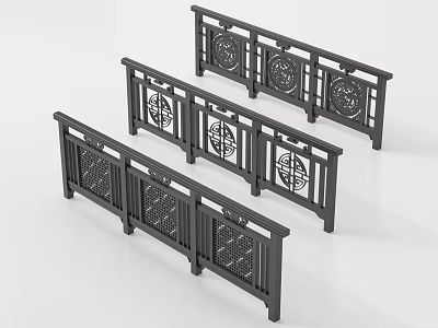 Three Black Chinese Style Railings With Intricate Cut Out Patterns Design 3d model