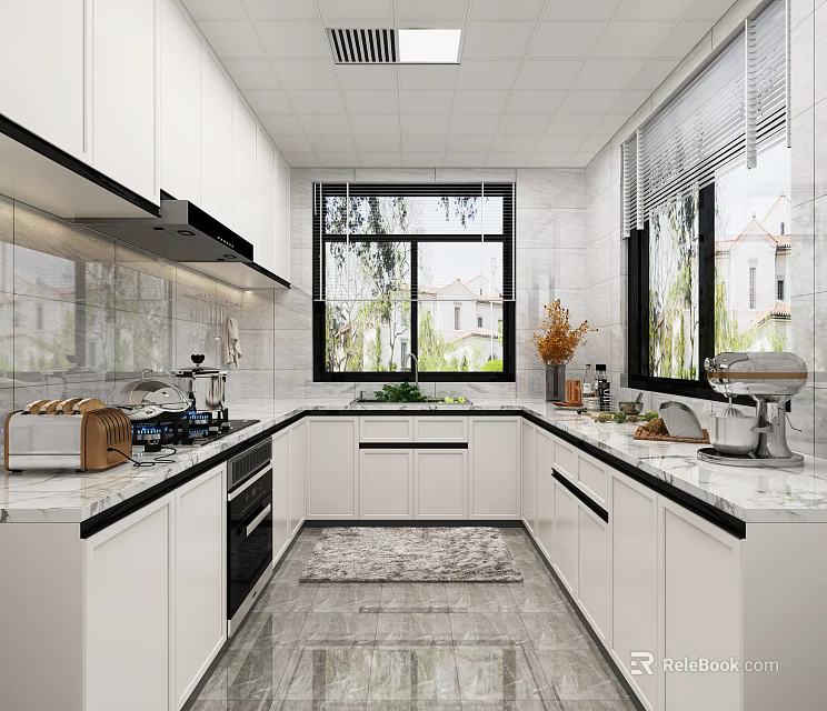 Modern White Kitchen Interior With Marble Countertops Cabinets Windows And Appliances 3d model 