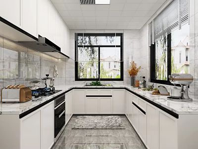 Modern White Kitchen Interior With Marble Countertops Cabinets Windows And Appliances 3d model