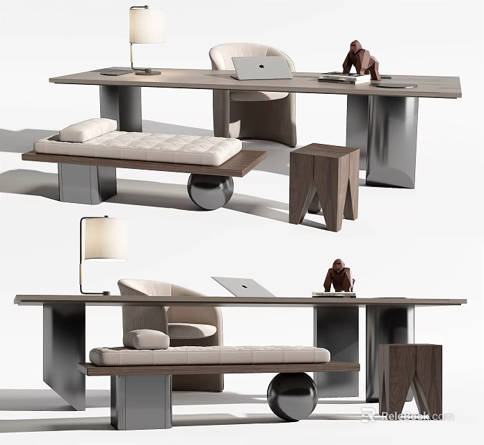 Modern Minimalist Desk With Metal Frame Upholstered Chair Lamp Laptop And Side Stool 3d model 