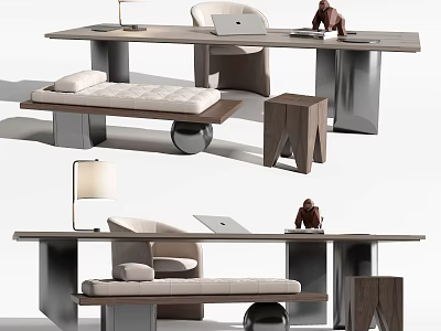 Modern Minimalist Desk With Metal Frame Upholstered Chair Lamp Laptop And Side Stool 3d model