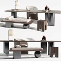 Modern Minimalist Desk With Metal Frame Upholstered Chair Lamp Laptop And Side Stool