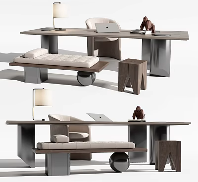 Modern Minimalist Desk With Metal Frame Upholstered Chair Lamp Laptop And Side Stool 3d model
