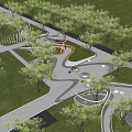 Modern Park Landscape Design With Curved Walkways Lawn Trees And Circular Seating Areas