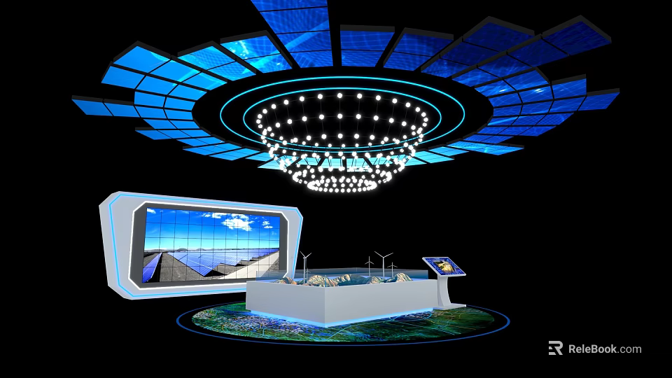 High Tech Exhibition Island With Large Screen Interactive Devices And Modern Lighting 3d model 
