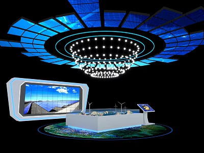 High Tech Exhibition Island With Large Screen Interactive Devices And Modern Lighting 3d model