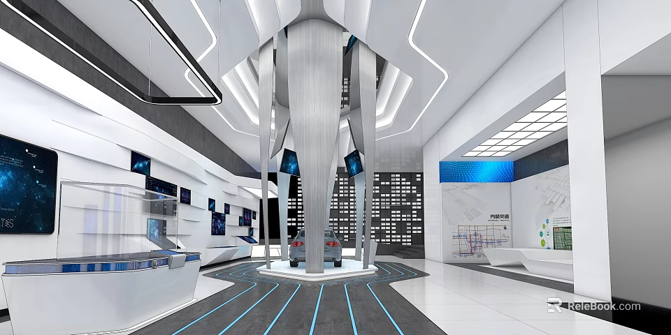 Modern Tech Interior With Central Metal Display Column LED Screens White Counters Blue Lighting Lines 3d model 