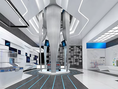 Modern Tech Interior With Central Metal Display Column LED Screens White Counters Blue Lighting Lines 3d model