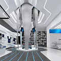 Modern Tech Interior With Central Metal Display Column LED Screens White Counters Blue Lighting Lines 3d model