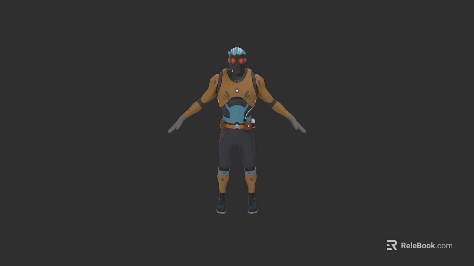 Game Movie Character In Orange Blue Outfit With Helmet Armor Gloves And Boots 3d model 