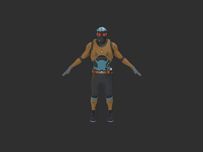 Game Movie Character In Orange Blue Outfit With Helmet Armor Gloves And Boots 3d model