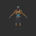 Game Movie Character In Orange Blue Outfit With Helmet Armor Gloves And Boots