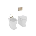 Classic White Toilet And Bidet With Traditional Faucet And Flush Panel
