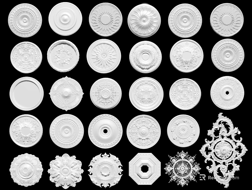 Collection Of White Ceiling Lights With Decorative Patterns And Different Shapes 3d model