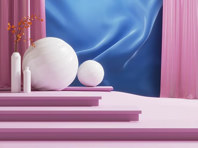 Pink Stepped Platform With White Spheres Vase Orange Floral Branches And Blue Backdrop Pink Curtains 3d model