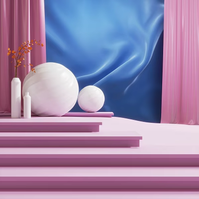 Pink Stepped Platform With White Spheres Vase Orange Floral Branches And Blue Backdrop Pink Curtains 3d model