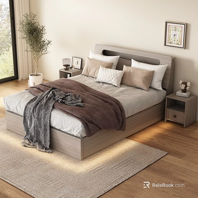 Modern Double Bed Interior With Neutral Pillows Cozy Blankets Wooden Nightstands And Wall Art 3d model 