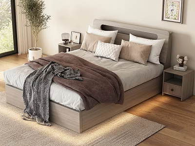 Modern Double Bed Interior With Neutral Pillows Cozy Blankets Wooden Nightstands And Wall Art 3d model