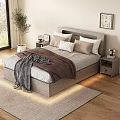Modern Double Bed Interior With Neutral Pillows Cozy Blankets Wooden Nightstands And Wall Art