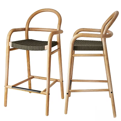 Wooden Stools with Armrests and Woven Seats Minimalist Home Furniture 3d model