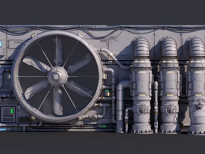 Heavy Duty Industrial Equipment with Large Rotating Fan Cylindrical Pipes and Metal Structure 3d model