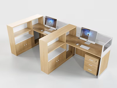Modern Wooden Office Desk With Double Workstations Computer Monitors Storage Shelves And Drawers 3d model