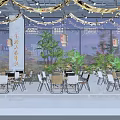 Chinese Restaurant Kitchen Interior With Lanterns Green Plants Dining Tables And Decorative Lights