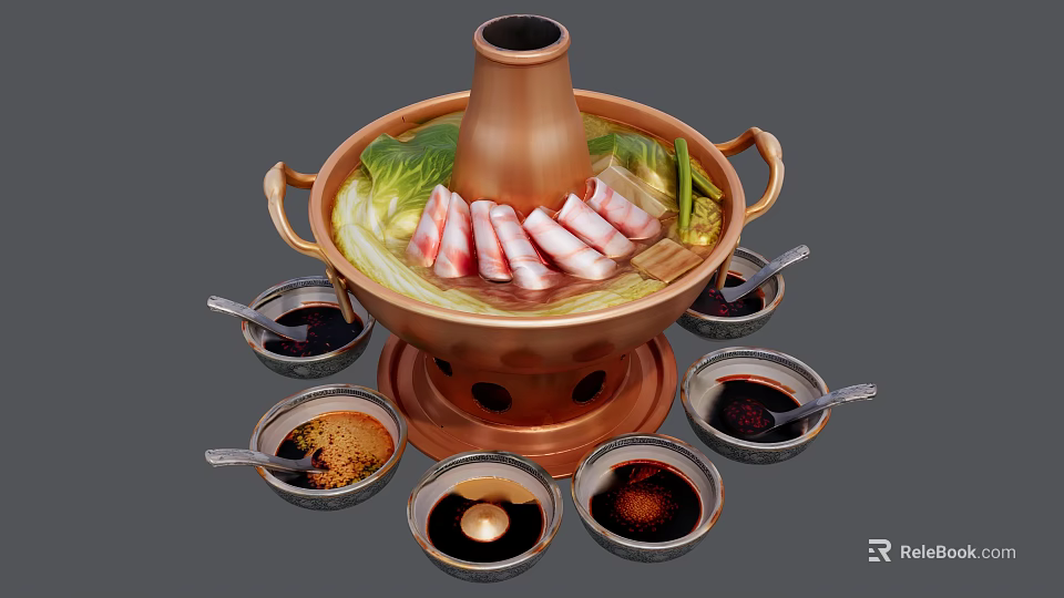 Traditional Copper Hot Pot Featuring Sliced Meat Fresh Vegetables And Sauce Bowls 3d model 