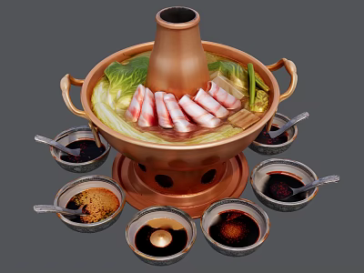 Traditional Copper Hot Pot Featuring Sliced Meat Fresh Vegetables And Sauce Bowls 3d model