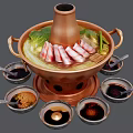 Traditional Copper Hot Pot Featuring Sliced Meat Fresh Vegetables And Sauce Bowls