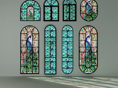 Elegant Casement Windows With Stained Glass Peacock Patterns And Decorative Design 3d model