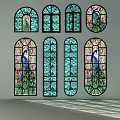 Elegant Casement Windows With Stained Glass Peacock Patterns And Decorative Design 3d model