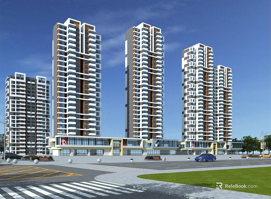 Modern High Rise Residential Buildings Exterior Design With Road And Greenery 3d model 