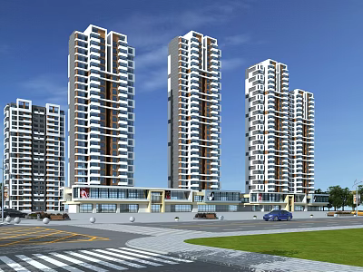 Modern High Rise Residential Buildings Exterior Design With Road And Greenery 3d model