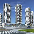 Modern High Rise Residential Buildings Exterior Design With Road And Greenery