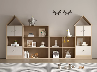 Light Wood and White House Shaped Bookcase with Toys Books Photo Frames Clock Decor 3d model