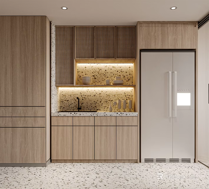 Wooden Kitchen Cabinets With Mosaic Backsplash Under Cabinet Lighting And Double Door Refrigerator In Modern Kitchen 3d model 