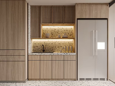 Wooden Kitchen Cabinets With Mosaic Backsplash Under Cabinet Lighting And Double Door Refrigerator In Modern Kitchen 3d model