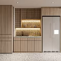 Wooden Kitchen Cabinets With Mosaic Backsplash Under Cabinet Lighting And Double Door Refrigerator In Modern Kitchen